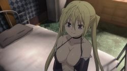 Rule 34 | 10s, 1girl, animated, animated gif, blonde hair, blush, breasts, cleavage, elbow gloves, female focus, gloves, large breasts, licking lips, lieselotte sherlock, long hair, no bra, open clothes, purple eyes, solo, tongue, tongue out, trinity seven, twintails