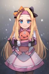 Rule 34 | 1girl, abigail williams (fate), ainu clothes, arm warmers, black bow, black gloves, blonde hair, blue eyes, blush, bow, breasts, closed mouth, cosplay, fate/grand order, fate (series), fingerless gloves, forehead, gloves, gradient background, grey background, hair bow, hairband, highres, holding, holding stuffed toy, japanese clothes, kimono, long hair, looking at viewer, miya (miyaruta), multiple bows, orange bow, pantyhose, parted bangs, pink hairband, purple scarf, scarf, sidelocks, sitonai (fate), sitonai (fate) (cosplay), small breasts, smile, snowing, stuffed animal, stuffed toy, sword, teddy bear, thighs, weapon, white kimono