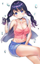 Rule 34 | 1girl, absurdres, amano hina (tenki no ko), bare shoulders, between legs, blouse, blue hair, blush, breasts, bubble, cleavage, collar, collarbone, commentary request, hair ornament, hand between legs, highres, jacket, jewelry, kian, large breasts, long hair, looking at viewer, low twintails, navel, necklace, pink shirt, purple eyes, purple hair, shirt, short shorts, shorts, sleeveless, sleeveless jacket, sleeveless shirt, smile, solo, tenki no ko, twintails, white background