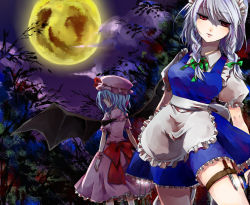 Rule 34 | 2girls, apron, bat wings, blue hair, bow, breasts, dress, female focus, full moon, hair ribbon, hat, highres, izayoi sakuya, knife, maid, maid apron, moon, multiple girls, red eyes, remilia scarlet, ribbon, shinoda, silver hair, embodiment of scarlet devil, thigh strap, throwing knife, touhou, tree, weapon, wings