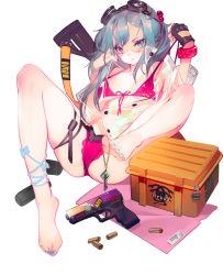 Rule 34 | 1girl, absurdres, ass, bare legs, barefoot, bikini, bikini pull, bikini top only, blue eyes, blue hair, blue nails, bra, clothes pull, counter-strike, counter-strike (series), counter-strike 2, counter strike:global offensive, feet, frown, full body, goggles, goggles on head, grandia lee, highres, long hair, nail polish, no shoes, original, panties, pink bikini, see-through, simple background, soles, swimsuit, thigh strap, toenail polish, toenails, toes, underwear, white background