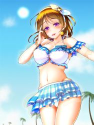 Rule 34 | 10s, 1girl, bad id, bad pixiv id, bikini, breasts, brown hair, gradient background, high hip flare, highres, huge breasts, koizumi hanayo, looking at viewer, love live!, love live! school idol festival, love live! school idol project, parted lips, purple eyes, ramucha, short hair, sky, smile, solo, swimsuit, wide hips
