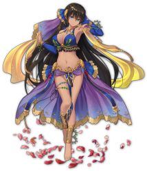 Rule 34 | 1girl, anklet, artist request, barefoot, blue eyes, bracelet, breasts, brown hair, cleavage, dark-skinned female, dark skin, detached sleeves, game cg, green eyes, hair ornament, heterochromia, highres, jewelry, long hair, looking at viewer, mahjong soul, medium breasts, navel, necklace, official art, petals, revealing clothes, sara (mahjong soul), simple background, smile, solo, standing, standing on one leg, third-party source, transparent background, yostar