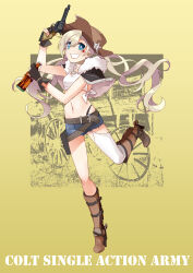 Rule 34 | 1girl, absurdres, arm up, belt, blonde hair, blue eyes, boots, bottle, breasts, brown footwear, brown hat, character name, coca-cola, colt revolver (girls&#039; frontline), colt single action army, commentary, cowboy hat, crop top, denim, denim shorts, facial mark, finger on trigger, fingerless gloves, full body, girls&#039; frontline, gloves, gun, hair between eyes, hand up, handgun, hat, highres, holding, holding bottle, holding weapon, holster, knee boots, long hair, looking at viewer, navel, open mouth, revolver, short hair, shorts, small breasts, smile, soda, solo, star (symbol), thighhighs, twintails, weapon, yumenotsuzuki
