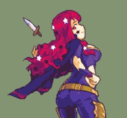 Rule 34 | 1girl, ass, belt, breasts, commentary, cowboy shot, dagger, facial mark, fire emblem, fire emblem engage, from side, glaceo, green background, hair ornament, knife, large breasts, long hair, nintendo, pixel art, profile, red eyes, red hair, simple background, solo, standing, star (symbol), star hair ornament, weapon, yunaka (fire emblem)