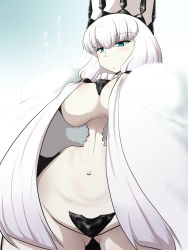 Rule 34 | 10s, 1girl, abyssal ship, blue eyes, breasts, capelet, crotch plate, goma (gomasamune), hat, highres, kantai collection, large breasts, long hair, navel, northern water princess, solo, translated, white hair