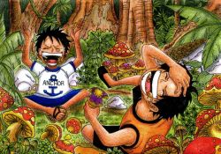 Rule 34 | 2boys, anchor, anchor (symbol), black hair, brothers, east blue, hand on own face, laughing, male focus, monkey d. luffy, multiple boys, mushroom, one piece, outdoors, plant, portgas d. ace, rock, sandals, scar, scenery, siblings, sitting, smile, tree, vines, aged down