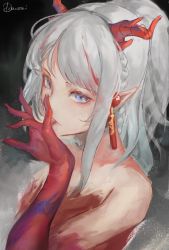Rule 34 | 1girl, absurdres, arknights, blue eyes, braid, colored skin, drowzzi, earrings, licking finger, fingernails, grey hair, highres, horns, jewelry, licking, long fingernails, long hair, nian (arknights), nude, painterly, photoshop (medium), pointy ears, ponytail, red skin, signature, single earring, sketch, solo, tongue, tongue out, upper body