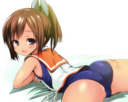 Rule 34 | 10s, 1girl, ass, blush, brown eyes, brown hair, cameltoe, i-401 (kancolle), kantai collection, looking at viewer, one-piece swimsuit, open mouth, ponytail, sailor collar, school swimsuit, school uniform, sen (astronomy), short hair, short ponytail, smile, solo, swimsuit, swimsuit under clothes, tan, tanline