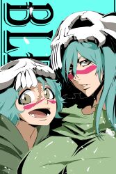 2girls :d absurdres bleach breasts brown_eyes close-up commentary_request copyright_name dual_persona eyebrows_hidden_by_hair facial_mark green_background green_hair hair_between_eyes happy highres large_breasts long_hair looking_at_viewer lower_teeth_only multiple_girls nelliel_tu_odelschwanck open_mouth parted_lips scar scar_on_face serious short_hair simple_background skull_on_head smile tareme teeth wussensei