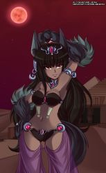 Rule 34 | 1girl, adeline leona, animal ear fluff, animal ears, animal hands, anubis (monster girl encyclopedia), body markings, bra, breasts, claws, cleavage, clothing cutout, corruption, crotch cutout, dark-skinned female, dark demon realm (monster girl encyclopedia), dark skin, demon realm (monster girl encyclopedia), desert, diadem, dog ears, dog paws, dog tail, egyptian, egyptian clothes, female focus, full moon, harem outfit, harem pants, jackal claws, jackal ears, jackal paws, jackal tail, jewelry, long hair, monster girl, monster girl encyclopedia, moon, navel, night, outdoors, panties, pants, pyramid (structure), red eyes, red moon, red sky, revealing clothes, see-through, see-through legwear, silver, sky, smile, solo, star (sky), tail, the lost kingdoms of the desert (monster girl encyclopedia), tiara, underwear, wolf paws