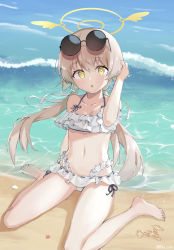 Rule 34 | 1girl, beach, bikini, blue archive, bright pupils, eyewear on head, frilled bikini, frills, full body, halo, hifumi (blue archive), hifumi (swimsuit) (blue archive), highres, light brown hair, long hair, looking at viewer, low twintails, navel, nitoron, ocean, open mouth, outdoors, resolution mismatch, round eyewear, sitting, solo, source smaller, sunglasses, swimsuit, twintails, wariza, white bikini, white pupils, yellow eyes