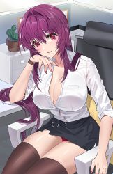 Rule 34 | 1girl, arm support, breasts, cactus, cleavage, collarbone, damda, desk, fate/grand order, fate (series), hair intakes, head rest, large breasts, long hair, miniskirt, nail polish, office, panties, pantyshot, purple hair, red eyes, scathach (fate), sitting, skirt, solo, thighhighs, unbuttoned, underwear