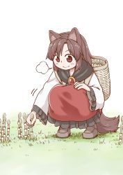 Rule 34 | &gt;:&gt;, 1girl, :&gt;, aged down, animal ears, basket, blush stickers, boots, breath, brown hair, child, commentary request, gem, grass, hand on own knee, imaizumi kagerou, jewelry, long hair, long sleeves, looking down, mushroom, poronegi, red eyes, red vest, scarf, simple background, smile, solo, squatting, tail, touhou, v-shaped eyebrows, vest, white background, wide sleeves, wolf ears, wolf girl, wolf tail