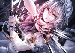 Rule 34 | 1girl, apron, bad id, bad pixiv id, between fingers, bow, braid, chain, commentary request, dutch angle, grey bow, grey ribbon, hair between eyes, hair bow, holding, holding knife, holding weapon, izayoi sakuya, jan (lightdragoon), knife, knives between fingers, light particles, looking at viewer, maid apron, maid headdress, neck ribbon, parted lips, pocket watch, puffy short sleeves, puffy sleeves, red eyes, revision, ribbon, short hair, short sleeves, silver hair, solo, sparkle, touhou, twin braids, v-shaped eyebrows, waist apron, watch, weapon, white apron, window, wrist cuffs