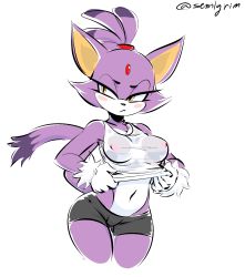 Rule 34 | 1girl, blaze the cat, blush stickers, breasts, covered erect nipples, cowboy shot, forehead jewel, furry, furry female, highres, navel, semlgrim, shirt, shorts, solo, sonic (series), t-shirt, wet, wet clothes, white background, yellow eyes