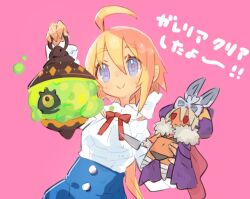 Rule 34 | 1girl, ahoge, blonde hair, blue eyes, blue shorts, blush, character doll, closed mouth, commentary request, cowboy shot, doll, eureka de soleil, frilled shirt, frills, galleria no chika meikyuu to majo no ryodan, hands up, high-waist shorts, holding, holding doll, holding lantern, lantern, long hair, looking at viewer, neck ribbon, nurui (3nqyo), pink background, red ribbon, ribbon, shinobushi, shirt, shirt tucked in, shorts, simple background, smile, solo, standing, translation request, white shirt