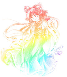 Rule 34 | 1girl, :d, anna (small night), ascot, female focus, hakurei reimu, hane (x20285), long hair, long skirt, looking at viewer, open mouth, outstretched arm, rainbow order, simple background, skirt, smile, solo, touhou, very long hair, vest, white background