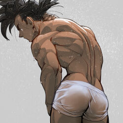 Rule 34 | 1boy, ass, ass focus, back, bara, boxers, dragon ball, dragonball z, feet out of frame, from behind, hand on own neck, highres, male focus, male underwear, muscular, muscular male, see-through, short hair, sideburns, solo, son goku, spiked hair, supobi, thick eyebrows, thick thighs, thighs, topless male, underwear, wet, wet clothes, wet male underwear, white male underwear