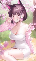 Rule 34 | 1girl, absurdres, alternate costume, animal ears, black hair, blue archive, blush, breasts, cat ears, cherry blossoms, cleavage, collarbone, colored inner hair, day, dress, extra ears, fingernails, grass, grin, halo, hashtag-only commentary, highres, jacket, kazusa (blue archive), large breasts, long sleeves, looking at viewer, mella (mell a12), multicolored hair, open clothes, open jacket, petals, pink hair, pink halo, pink jacket, red eyes, revision, short hair, sitting, smile, solo, white dress