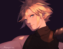 Rule 34 | 1boy, armor, artist name, black sweater, blonde hair, blue eyes, cloud strife, commentary, english commentary, expressionless, final fantasy, final fantasy vii, final fantasy vii remake, grey background, hair behind ear, highres, looking to the side, male focus, miss penguin, shoulder armor, sleeveless, sleeveless sweater, solo, spiked hair, sweater, upper body