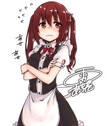 Rule 34 | 10s, 1girl, alternate costume, blush, bow, buttoned cuffs, buttons, crossed arms, ebina nana, enmaided, flying sweatdrops, highres, himouto! umaru-chan, kyoo-kyon (kyo-kyon), long hair, looking to the side, maid, red eyes, red hair, simple background, solo, twintails, wavy mouth, yuki arare