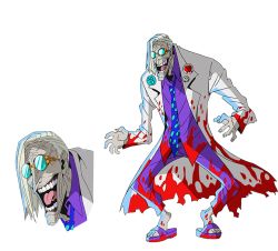 Rule 34 | 10s, 1boy, blood, character sheet, concept art, expressions, full body, glasses, lab coat, lee araki, mad scientist, male focus, ninja slayer, official art, old, old man, sandals, scientist, silver hair, simple background, solo, standing, tongue, torn clothes, torn coat, veins, white background