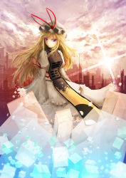 Rule 34 | 1girl, arm ribbon, arufa (hourai-sugar), blonde hair, blue sky, blurry, breasts, city, cityscape, cloud, cloudy sky, colored eyelashes, cube, day, depth of field, dissolving, dress, female focus, frilled dress, frills, half-closed eyes, hat, hat ribbon, light rays, light trail, long hair, long sleeves, looking at viewer, medium breasts, mob cap, puffy long sleeves, puffy sleeves, purple eyes, ribbon, sidelocks, sideways glance, signature, sky, small breasts, smile, solo, sun, sunbeam, sunlight, sunset, tabard, touhou, trigram, twilight, white dress, wide sleeves, wind, yakumo yukari, yin yang