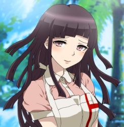 Rule 34 | 1girl, apron, black hair, blurry, blurry background, blush, breasts, closed mouth, collared shirt, danganronpa (series), danganronpa 2: goodbye despair, day, dosugon, large breasts, long hair, looking at viewer, mole, mole under eye, outdoors, palm tree, pink eyes, pink shirt, puffy short sleeves, puffy sleeves, shirt, short sleeves, tree, tsumiki mikan, upper body, white apron