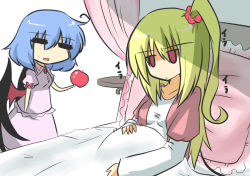 Rule 34 | 2girls, = =, aged up, ahoge, alternate costume, apple, bat wings, blonde hair, blue hair, chibi, closed eyes, commentary request, flan-maman (goma), flandre scarlet, food, fruit, goma (gomasamune), hand on own stomach, holding, jewelry, jitome, long sleeves, looking at another, multiple girls, no headwear, on bed, pendant, pillow, pregnant, puffy short sleeves, puffy sleeves, red eyes, remilia scarlet, short hair, short sleeves, siblings, side ponytail, simple background, sisters, sitting, skirt, skirt set, standing, table, touhou, white background, wings