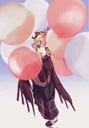 Rule 34 | 1other, alternate costume, androgynous, antenna hair, balloon, black footwear, blonde hair, blue background, blush stickers, braid, cape, chinese commentary, closed mouth, commentary request, fensedekaoji, finger to own chin, fringe trim, full body, gradient background, hair lift, hair ribbon, heart, heart antenna hair, heart in eye, highres, len&#039;en, long hair, long sleeves, looking at viewer, low twin braids, ooama no ake no mitori, other focus, plaid, plaid skirt, red cape, red ribbon, red skirt, ribbon, skirt, slippers, smile, socks, solo, symbol in eye, twin braids, white socks, yellow background, yellow wings