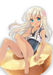 Rule 34 | 10s, 1girl, :d, barefoot, baumkuchen, blonde hair, blue eyes, blush, cake, crop top, eating, feet, flower, food, gradient background, hair flower, hair ornament, kakao rantan, kantai collection, long hair, looking at viewer, one-piece swimsuit, one-piece tan, open mouth, ro-500 (kancolle), sailor collar, school swimsuit, sitting, smile, solo, swimsuit, swimsuit under clothes, tan, tanline, toes