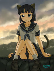 Rule 34 | 00s, 1girl, 2008, animal ears, artist name, awatake takahiro, black hair, blush, bobby socks, cat ears, cat tail, cloud, dated, loafers, looking at viewer, outdoors, school uniform, shoes, short hair, sitting, sky, smile, socks, solo, tail