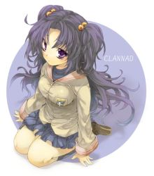 Rule 34 | 00s, 1girl, blue hair, breasts, clannad, hair bobbles, hair ornament, ichinose kotomi, kneeling, large breasts, long hair, purple eyes, school uniform, seiza, sitting, solo, twintails, two side up, zyunya