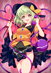 Rule 34 | 1girl, :d, black hat, blush, bow, breasts, corded phone, cowboy shot, eyeball, frilled sleeves, frills, green eyes, green hair, green skirt, hat, hat bow, heart, heart background, heart of string, holding, holding knife, knife, komeiji koishi, looking at viewer, medium breasts, open mouth, phone, reverse grip, sakurame, shirt, short hair, skirt, smile, solo, third eye, touhou, wide sleeves, yellow bow, yellow shirt