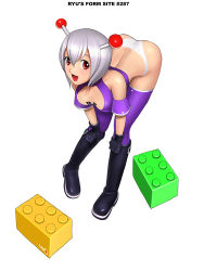 Rule 34 | 1girl, albino, bent over, boots, full body, gloves, grey hair, lego, mini person, minigirl, open mouth, panties, pinup (style), purple thighhighs, red eyes, ryu (ryu&#039;s form site), shoes, short hair, solo, thighhighs, underwear, white panties