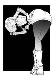 Rule 34 | 1girl, android 18, ass, black872233196, black background, boots, breasts, buttons, closed mouth, commentary, cropped jacket, dragon ball, dragonball z, earrings, full body, greyscale, hand on own hip, highres, jacket, jewelry, knee boots, leaning forward, long sleeves, looking at viewer, looking back, medium breasts, miniskirt, monochrome, pantyhose, short hair, simple background, skirt, sleeveless, sleeveless jacket, solo, striped, v