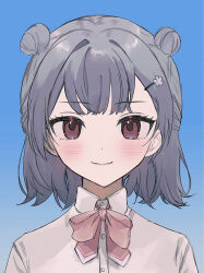 Rule 34 | 1girl, aochiyo, blue background, blush, bow, bowtie, cevio, closed mouth, collared shirt, commentary request, double bun, dress shirt, gradient background, grey hair, hair bun, hair intakes, hair ornament, hairclip, half updo, highres, id photo, koharu rikka, looking at viewer, medium hair, pink bow, pink bowtie, portrait, purple eyes, shirt, simple background, smile, solo, straight-on, synthesizer v, white shirt