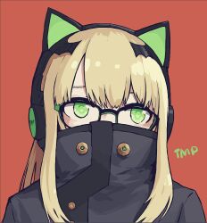 Rule 34 | 1girl, animal ear headphones, animal ears, bespectacled, black-framed eyewear, blonde hair, cat ear headphones, character name, covered face, fake animal ears, girls&#039; frontline, glasses, green-framed eyewear, green eyes, grey jacket, headphones, high collar, jacket, papaia (quentingqoo), portrait, red background, simple background, solo, straight-on, tmp (girls&#039; frontline), two-tone eyewear, upper body