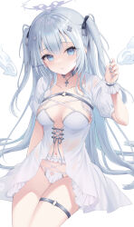 1girl artist_name black_ribbon blue_nails blush breasts breasts_apart check_copyright clothing_request collarbone copyright_request cowboy_shot cross fingernails good_thighs_day grey_eyes grey_hair hair_between_eyes hair_ribbon hand_up hashtag-only_commentary highres kanora latin_cross long_hair looking_at_viewer medium_breasts nail_polish navel o-ring o-ring_thigh_strap original panties ribbon sitting solo thigh_strap thighs twintails underwear very_long_hair white_background white_panties