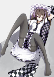 Rule 34 | 1girl, arm up, black pantyhose, breasts, brown hair, censored, checkered clothes, checkered skirt, convenient censoring, female focus, hair ribbon, hat, highres, himekaidou hatate, long hair, no shoes, one eye closed, pantyhose, pillow, puffy sleeves, purple eyes, ribbon, shirt, short sleeves, sitting, skirt, small breasts, solo, spread legs, thighband pantyhose, tokin hat, touhou, twintails, wink, yugeoryouki