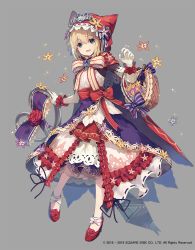 Rule 34 | 1girl, basket, blonde hair, dress, flower, gloves, green eyes, grey background, grimms notes, hood, hood up, little red riding hood (grimms notes), long dress, makihitsuji, official art, ribbon, rose, scissors, shoes, simple background, solo, weapon