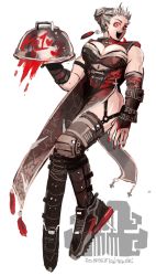 Rule 34 | 1girl, abs, bare shoulders, belt, blood, blush, boots, breasts, china dress, chinese clothes, cleavage, dorohedoro, double bun, dress, earrings, fingerless gloves, full body, gloves, hair bun, hair ornament, highres, jewelry, kaitennsiki, large breasts, long hair, looking at viewer, muscular, muscular female, noi (dorohedoro), open mouth, red eyes, short dress, side slit, simple background, smile, solo, thighhighs