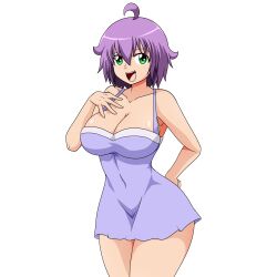 Rule 34 | 1girl, absurdres, breasts, cleavage, covered navel, green eyes, hand on own chest, hand on own hip, highres, large breasts, legs, looking at viewer, original, purple hair, short hair, smile, solo, thighs, yukino akaihi, yukino memories