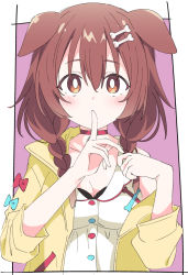 Rule 34 | 1girl, animal ears, bone hair ornament, braid, breasts, brown eyes, brown hair, cartoon bone, choker, cleavage, commentary request, dog ears, dog girl, hair between eyes, hair ornament, hololive, inugami korone, inugami korone (1st costume), ixy, jacket, looking at viewer, medium breasts, pink background, red choker, short hair, solo, twin braids, two-tone background, upper body, virtual youtuber, white background, yellow jacket