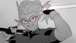 1boy adjusting_eyewear bad_id bad_pixiv_id clenched_teeth commentary_request compression_shirt demon dragon_ball dragon_ball_heroes dragon_ball_xenoverse energy_sword fingerless_gloves fu_(dragon_ball) glasses gloves greyscale grin holding holding_sword holding_weapon imminent_fight male_focus medium_hair monochrome muscular muscular_male nana_tsuba_(pixiv78353289) ninjatou pointy_ears ponytail red_eyes round_eyewear short_sword smile solo spot_color sword teeth undercut upper_body weapon