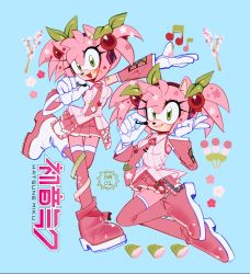 Rule 34 | 1girl, 3mia hadi3, :d, amy rose, animal nose, boots, breasts, cosplay, detached sleeves, furry, furry female, gloves, green eyes, hair ornament, hatsune miku, highres, multiple views, necktie, open mouth, sakura miku, sakura miku (cosplay), smile, sonic (series), thigh boots, thighhighs, twintails, vocaloid, white gloves