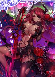 Rule 34 | 1girl, age of ishtaria, apt, bare shoulders, bat wings, black dress, black gloves, breasts, bug, butterfly, castle, chain, collaboration, dark skin, dark-skinned female, demon girl, demon horns, dress, elbow gloves, floral print, flower, full moon, gloves, hair over one eye, halloween, halloween costume, horns, bug, large breasts, looking at viewer, moon, mordred (age of ishtaria), night, night sky, official art, open mouth, purple sky, red eyes, red flower, red hair, red rose, ribbon, rose, rose print, shinkai no valkyrie, sky, sword, thighhighs, torn clothes, weapon, wings