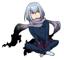 Rule 34 | 1boy, anti (ssss.gridman), asada hachi, buttons, commentary request, flame print, floating scarf, full body, gakuran, grey scarf, gridman universe, hair between eyes, indian style, looking to the side, male focus, red eyes, scarf, school uniform, short hair, silver hair, simple background, sitting, solo, ssss.gridman, white background, white footwear