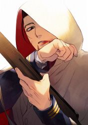 Rule 34 | 1boy, arisaka, arm up, black eyes, black hair, blood, blood on face, blue jacket, bolt action, buttons, cape, commentary request, facial hair, facial scar, golden kamuy, gun, hair slicked back, hair strand, highres, holding, holding gun, holding weapon, hood, hood up, hooded cape, imperial japanese army, jacket, lips, long sleeves, looking at viewer, male focus, military, military uniform, ogata hyakunosuke, one eye covered, oziozi kamuy, rifle, scar, scar on cheek, scar on face, short hair, simple background, solo, stubble, uniform, upper body, weapon, white background, white cape